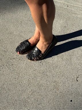 Quince Women's Black Leather Huarache-Style Slip-On Flats